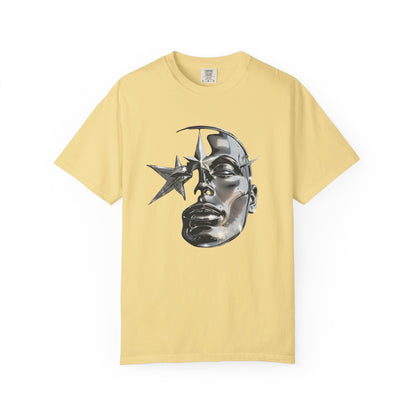 Cyber Y2K Chrome Face Graphic T-Shirt | Futuristic Liquid Metal Stars | Comfort Colors T-shirt