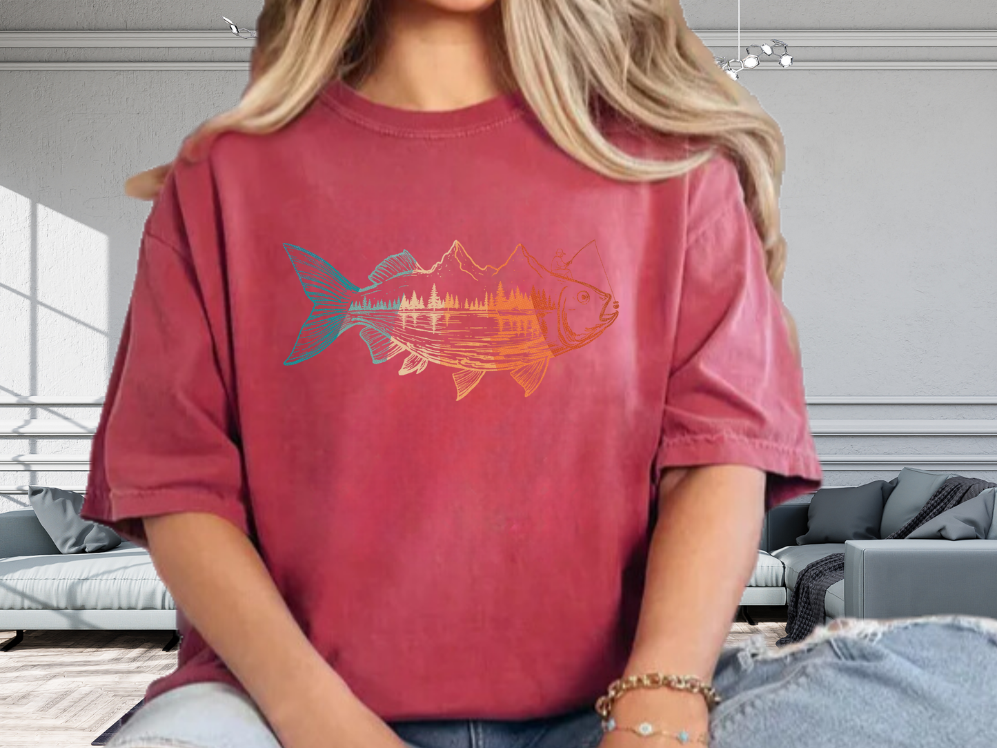 Fishing Mountain Double Exposure T-Shirt Trout Landscape Graphic Comfort Colors 1717 Outdoors Tee