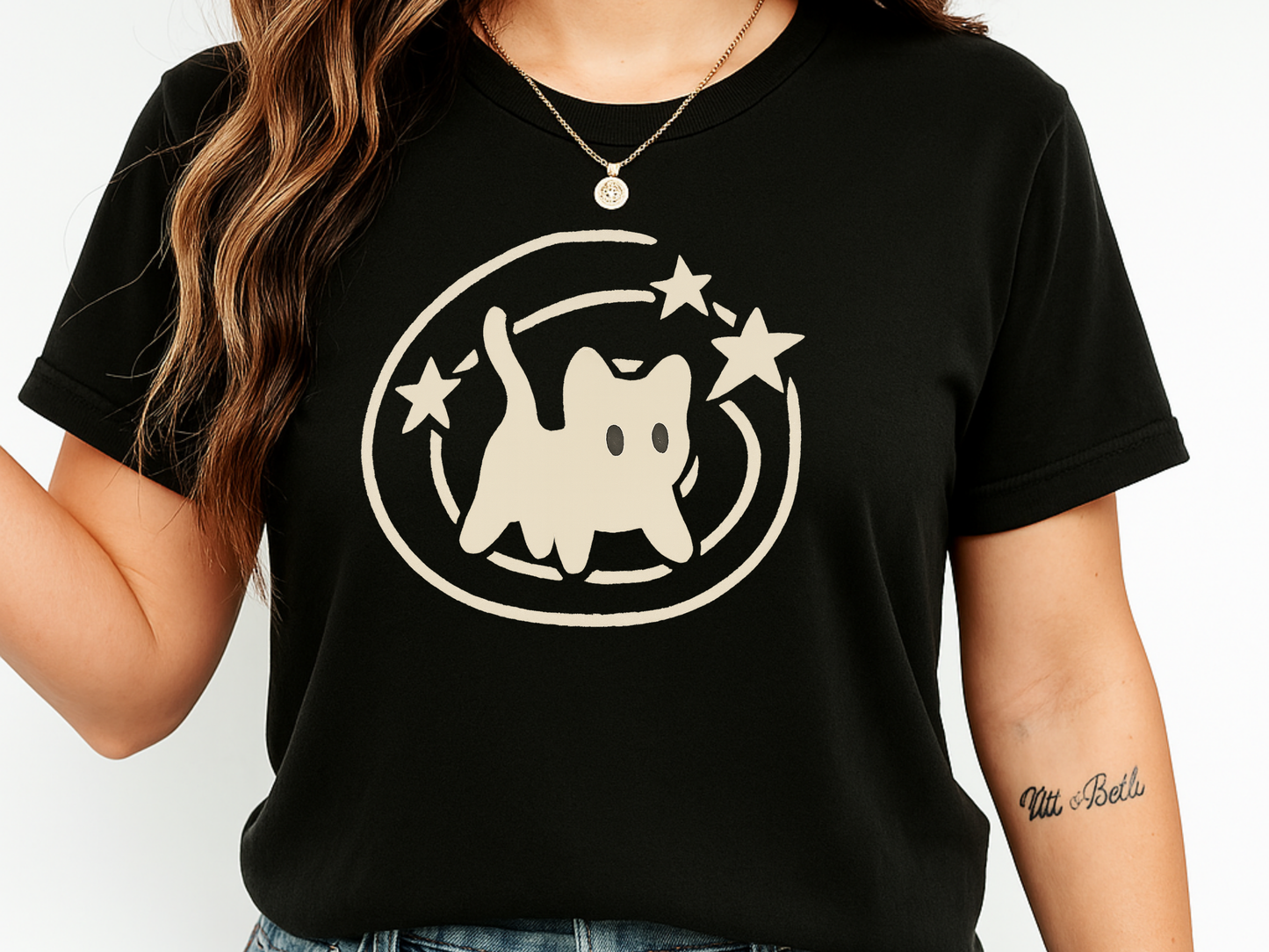 Celestial Cat & Stars Minimalist T-Shirt | Cute Witchy Kitty Graphic | Comfort Colors 1717 Heavyweight Tee