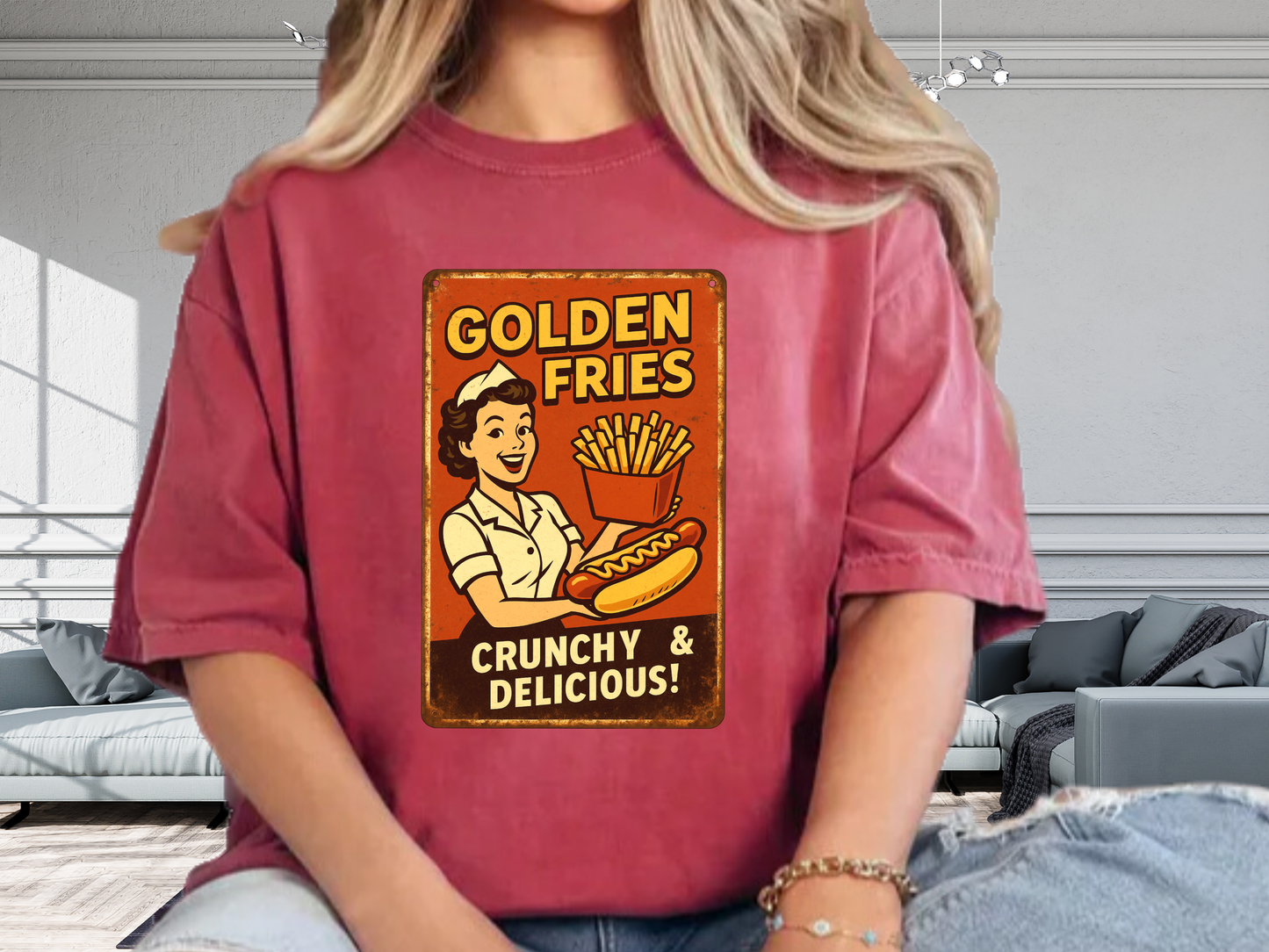 Golden Fries Retro Diner T-Shirt | Vintage Waitress & Hot Dog Graphic | Comfort Colors 1717 Tee