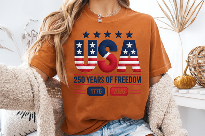 USA 250 Years Faux Embroidery T-Shirt | 1776-2026 Patriotic Stitched Graphic | Comfort Colors 1717 Tee
