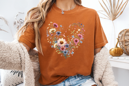 Wildflower Heart Botanical T-Shirt | Vintage Cottagecore Floral Graphic | Comfort Colors 1717 Tee