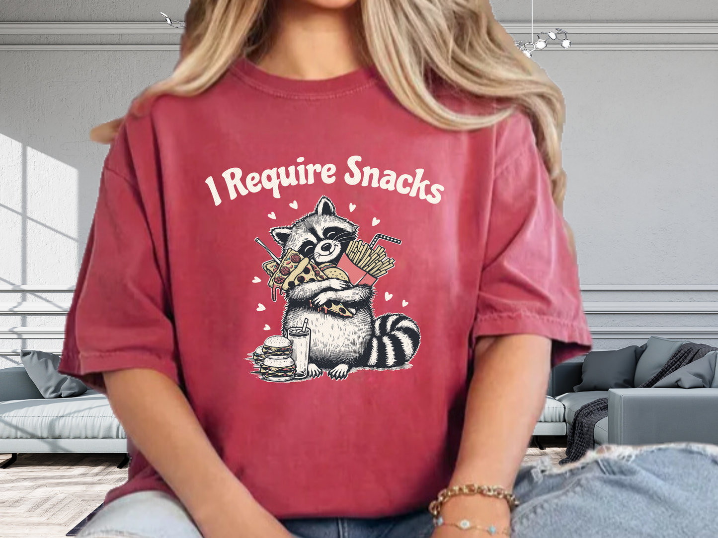 I Require Snacks Funny Raccoon T-Shirt Pizza Fries Graphic Comfort Colors 1717 Tee