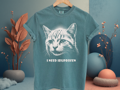 I Need Ibuprofen Funny Cat T-Shirt Headache Humor Graphic Comfort Colors 1717 Tee