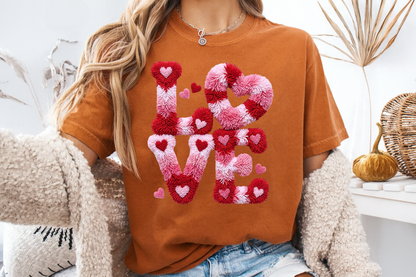 Love Hearts Faux Embroidery T-Shirt | Pink Tufted Chenille Graphic | Comfort Colors 1717 Valentine's Tee