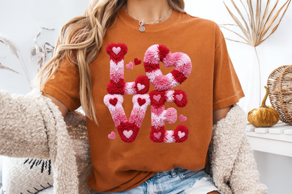 Love Hearts Faux Embroidery T-Shirt | Pink Tufted Chenille Graphic | Comfort Colors 1717 Valentine's Tee