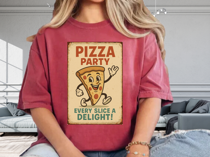 Pizza Party Vintage Mascot T-Shirt | Retro Cartoon Slice Graphic | Comfort Colors 1717 Heavyweight Tee