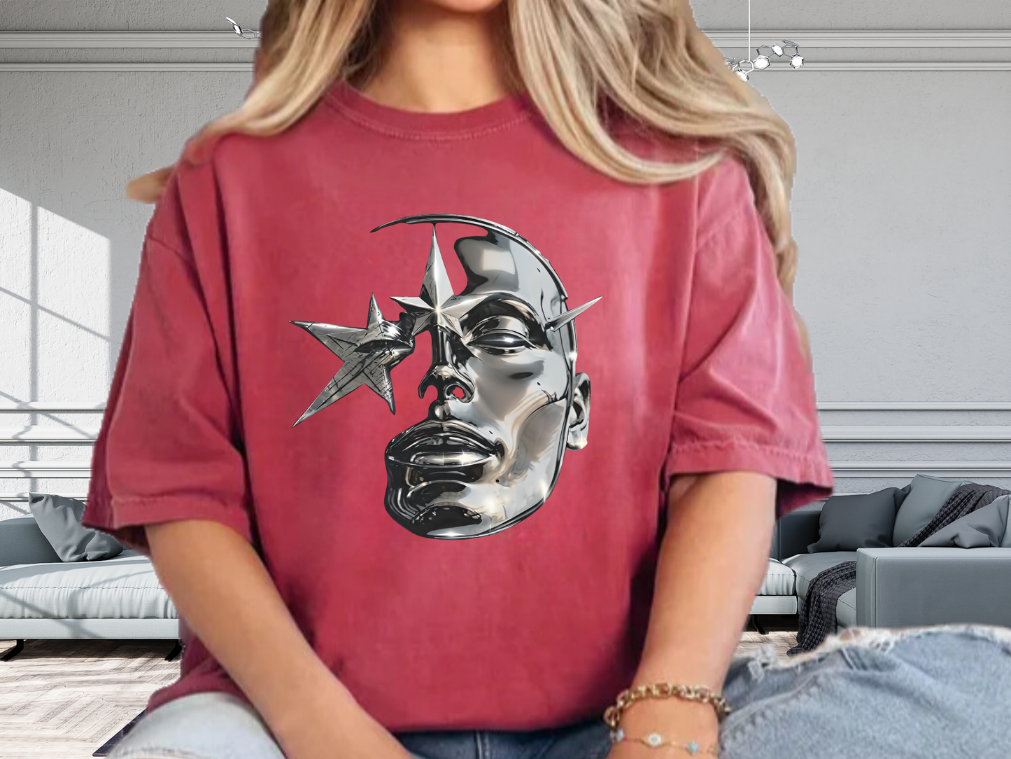 Cyber Y2K Chrome Face Graphic T-Shirt | Futuristic Liquid Metal Stars | Comfort Colors T-shirt