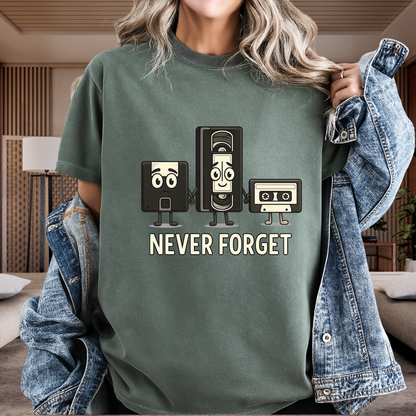 Never Forget Retro Tech T-Shirt | Funny VHS Floppy Disk & Cassette Graphic | Comfort Colors 1717 Nostalgia Tee