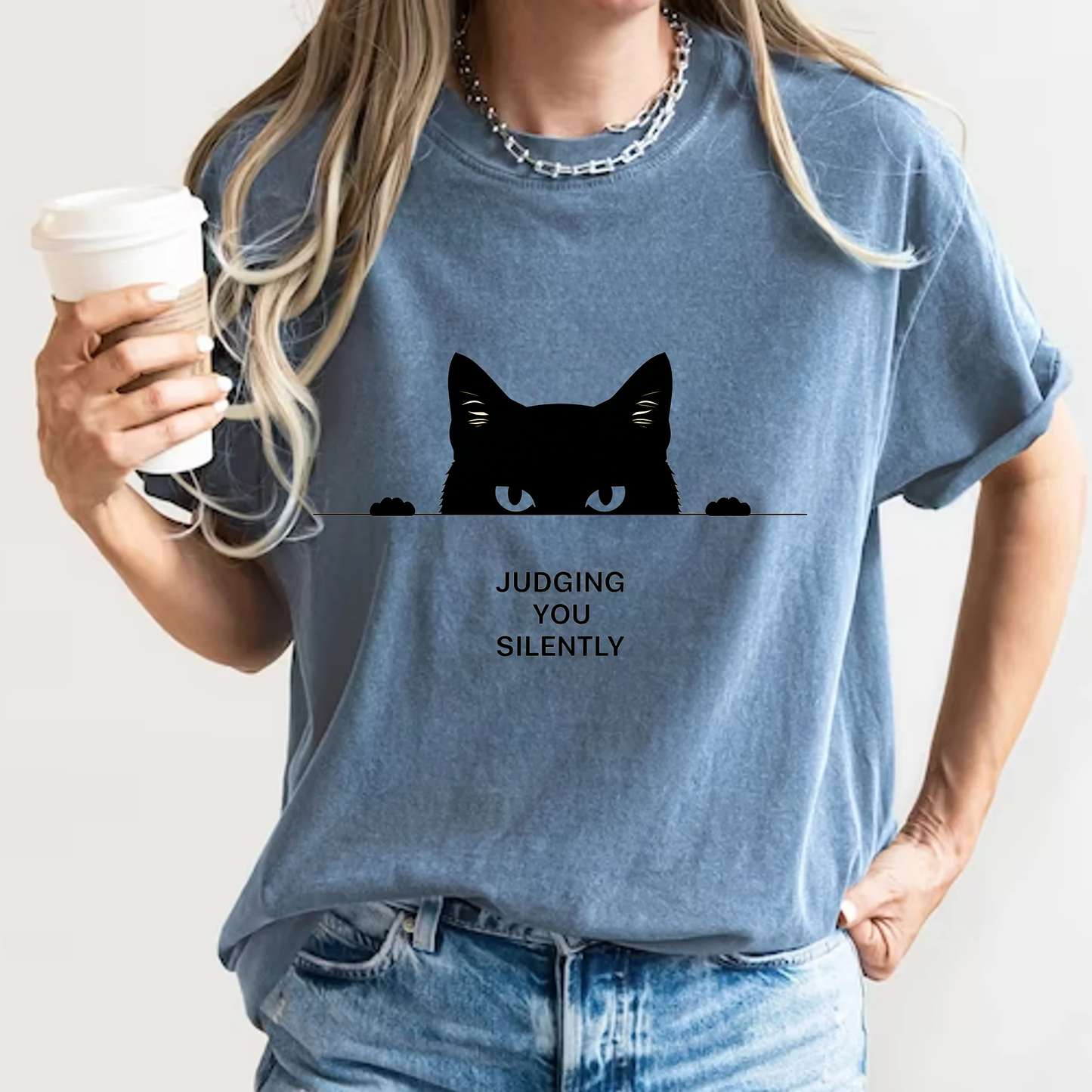 Judging You Silently Funny Cat T-Shirt Minimalist Peeking Graphic Comfort Colors 1717 Tee