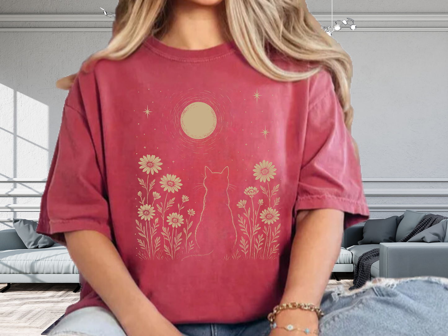 Celestial Cat T-Shirt Moon and Wildflowers Graphic Comfort Colors 1717 Boho Tee