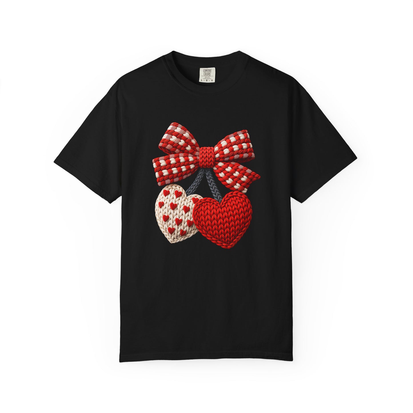 Valentine Faux Crochet Hearts T-Shirt – Knitted Heart Bow Love Graphic | Comfort Colors 1717