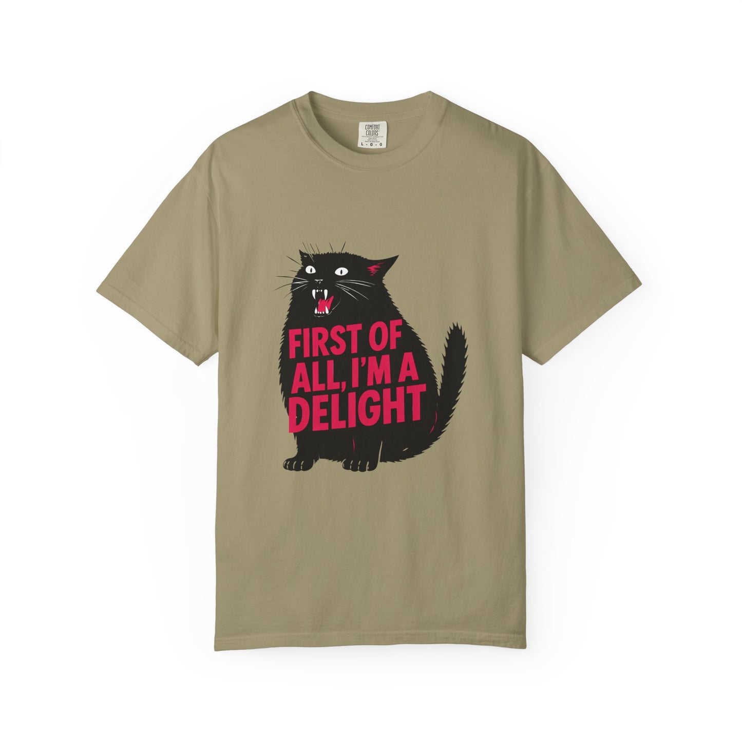 First Of All I'm A Delight T-Shirt | Sassy Screaming Black Cat Graphic Tee | Funny Sarcastic Cat Mom Gift