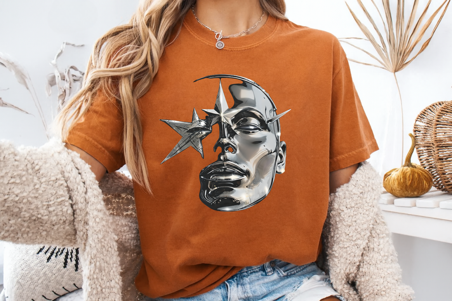 Cyber Y2K Chrome Face Graphic T-Shirt | Futuristic Liquid Metal Stars | Comfort Colors T-shirt