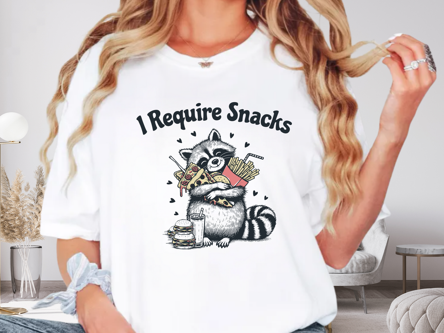I Require Snacks Funny Raccoon T-Shirt Pizza Fries Graphic Comfort Colors 1717 Tee