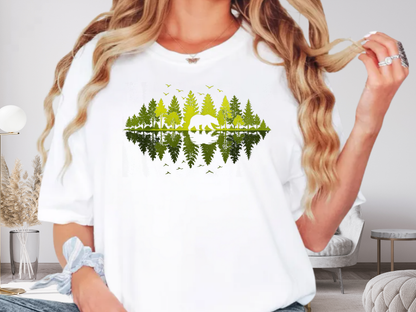 Bear Forest Reflection T-Shirt Nature Lover Graphic Comfort Colors 1717 Hiking Tee