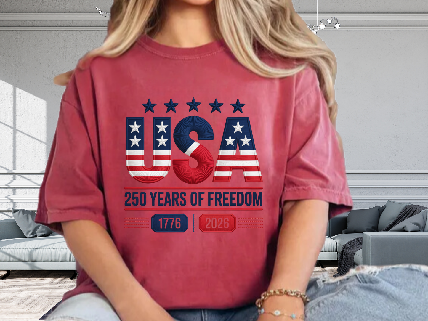 USA 250 Years Faux Embroidery T-Shirt | 1776-2026 Patriotic Stitched Graphic | Comfort Colors 1717 Tee