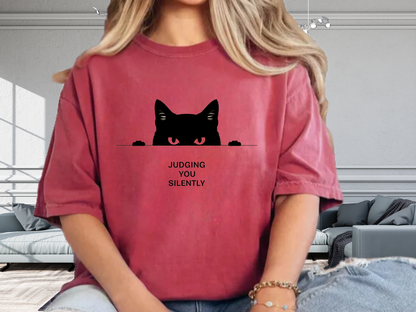 Judging You Silently Funny Cat T-Shirt Minimalist Peeking Graphic Comfort Colors 1717 Tee