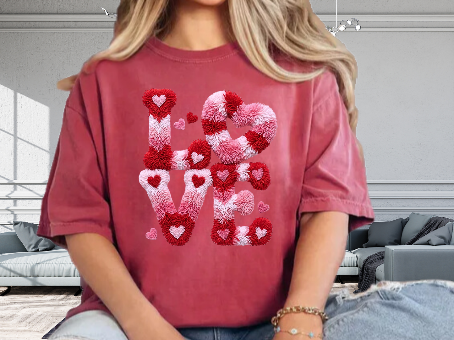 Love Hearts Faux Embroidery T-Shirt | Pink Tufted Chenille Graphic | Comfort Colors 1717 Valentine's Tee