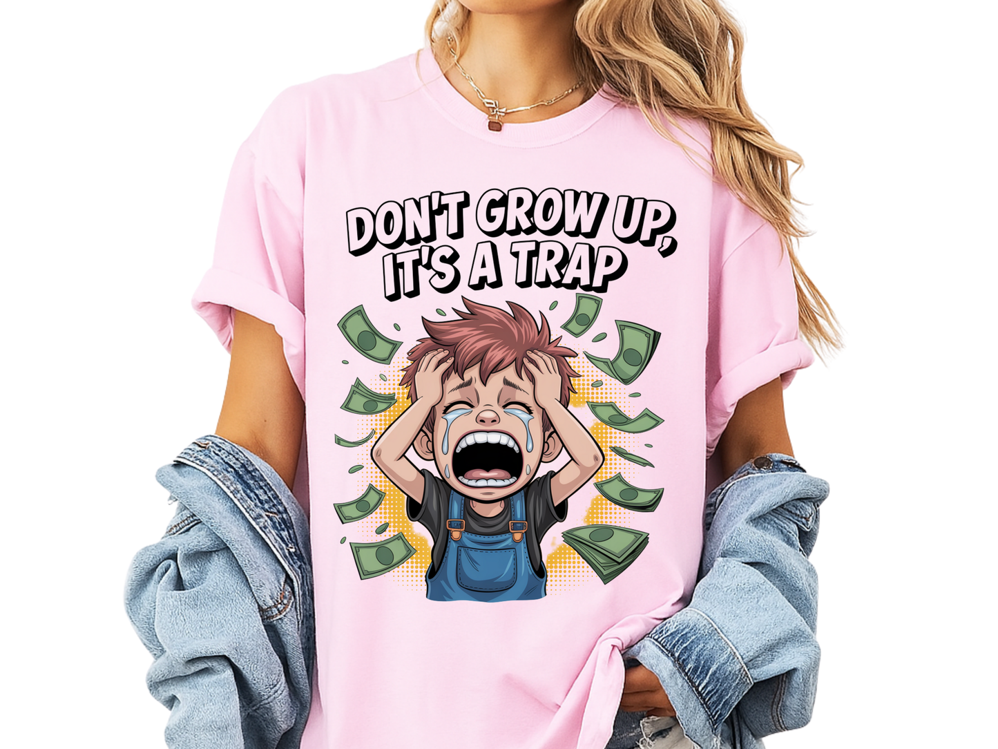 Don't Grow Up It's A Trap Funny Adulting T-Shirt | Crying Boy & Money Graphic | Comfort Colors 1717 Relatable Tee