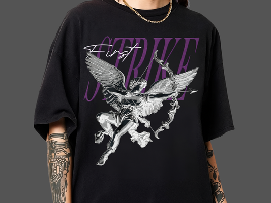 Y2K Chrome Angel Graphic T-Shirt - "First Strike" Cupid Streetwear Tee - Vintage Wash